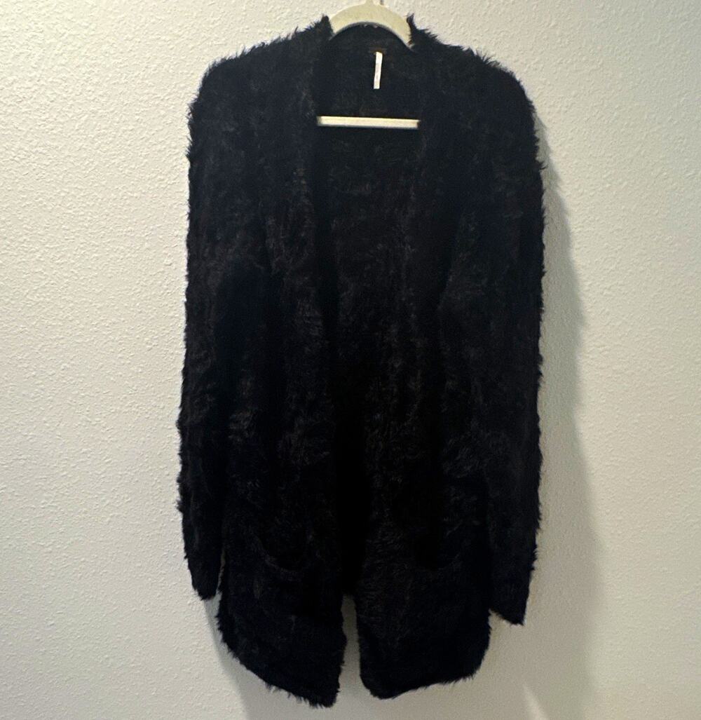 Free People Women’s Black Fuzzy Knit Open Front Sweater Long Sleeve M 0169